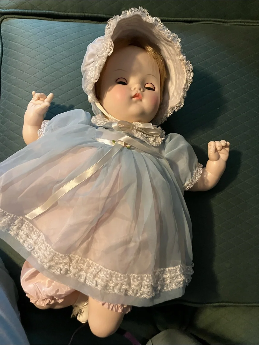 Vintage large Baby Doll in Pale Blue Dress with Bonnet 1973